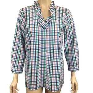 Talbots white pastel plaid gingham ruffle collar neck blouse size 4‎